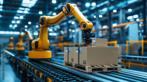 AI management work robots on factory or warehouse. AI in image Humanoid robot arm or hand puts boxes on pallets. AI controls robotic arms on manufacture. Industry 4.0. AI industry technology concept.