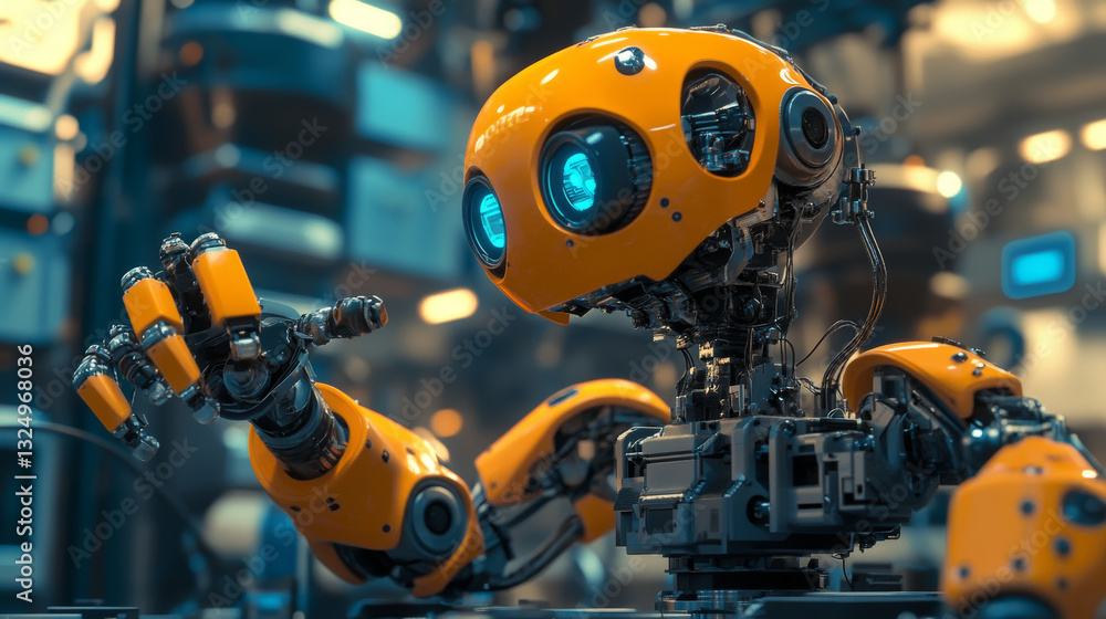 Robot or cyborg with artificial intelligence controls manipulator arms on factory or manufacture. industry 4.0. AI technology in industrial revolution. Orange robotic mechanical hands. Abstract hud. Robot or cyborg with artificial intelligence controls manipulator arms on factory or manufacture. industry 4.0. AI technology in industrial revolution. Orange robotic mechanical hands. Abstract hud.