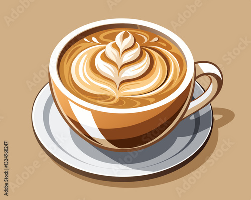 cup of hot cappuccino with latte art, on a warm beige background.