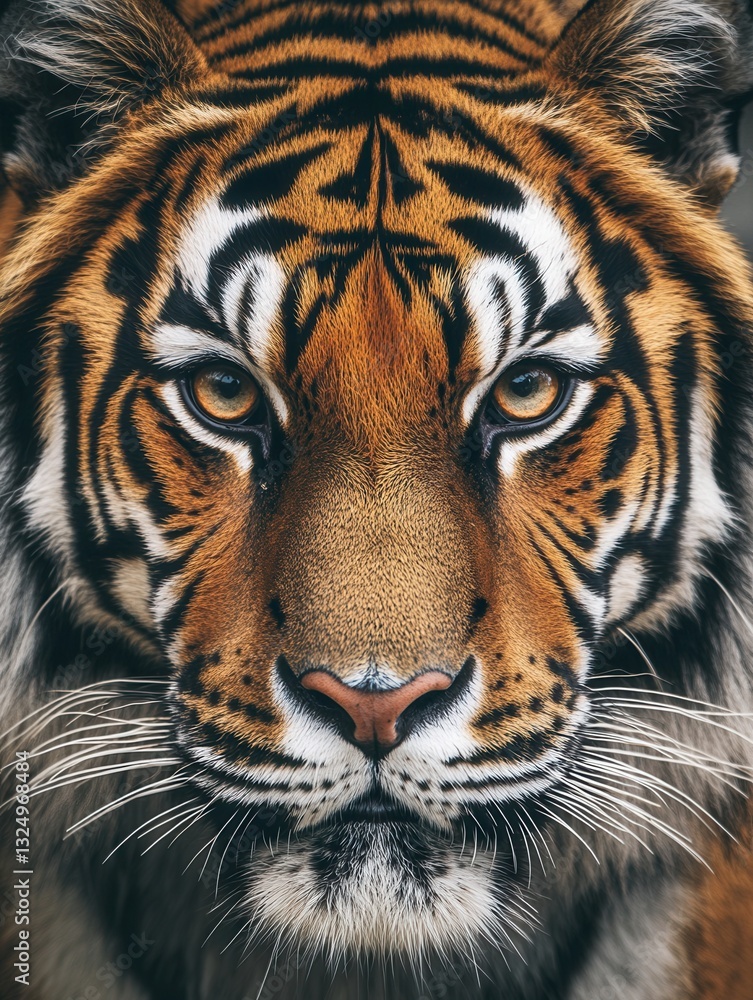 Close-up portrait of a tiger with striking eyes and detailed fur set against a blurred background Close-up portrait of a tiger with striking eyes and detailed fur set against a blurred background