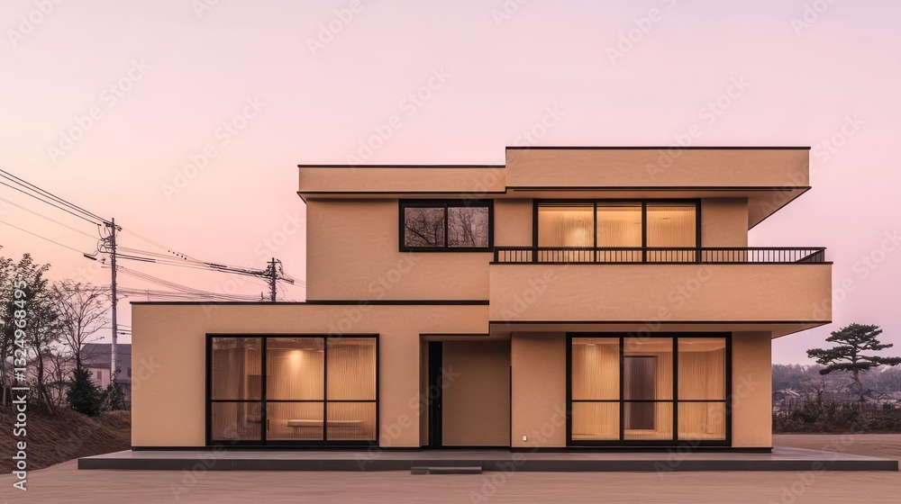 A chic two-level dwelling with sandy beige walls and jet black windows, featuring flat roof design and simple, clean details typical of Japanese architecture A chic two-level dwelling with sandy beige walls and jet black windows, featuring flat roof design and simple, clean details typical of Japanese architecture