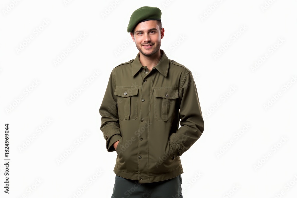 Half-Length (Waist-Up) portrait of young stylish smiling Irish male model in military wear isolated on pure white background looking at camera Half-Length (Waist-Up) portrait of young stylish smiling Irish male model in military wear isolated on pure white background looking at camera