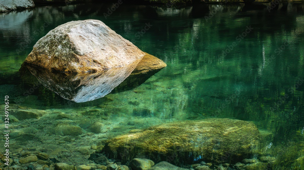 Obraz premium A peaceful scene shows a large rock partially submerged in water