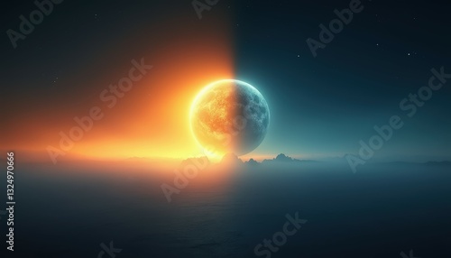 Surreal half sun half moon over misty landscape symbolizing spring equinox on cloudy dark sky with sunshine and moonlight. Nature and spring, daytime and nighttime are equal in length