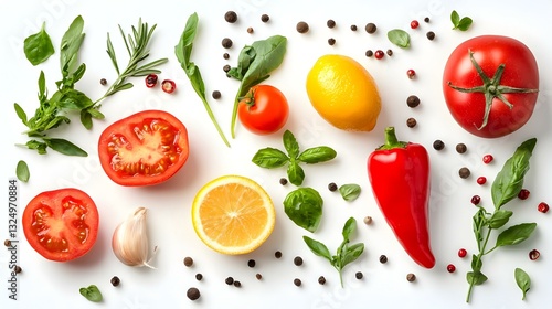 Fresh Vegetables and Herbs Isolated on White Background