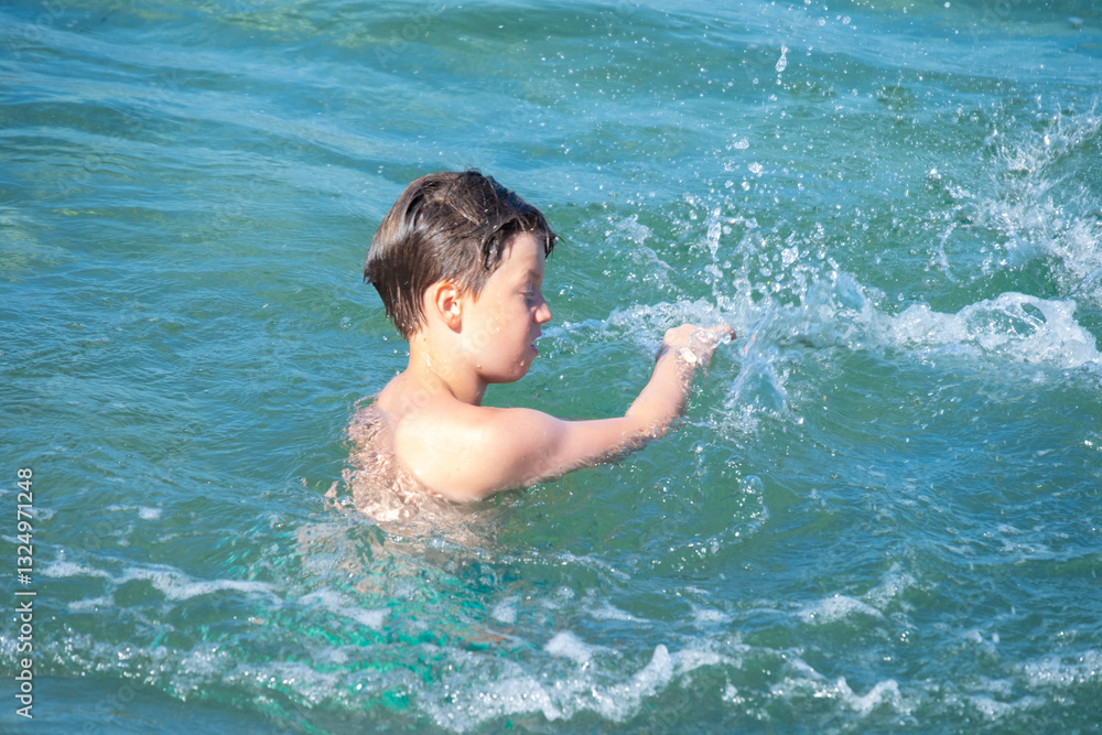 young boy play in open water, ocean on sunny summer day, Water activities, prevent drowning, aquatic adventures foster curiosity and love for environment in kids young boy play in open water, ocean on sunny summer day, Water activities, prevent drowning, aquatic adventures foster curiosity and love for environment in kids