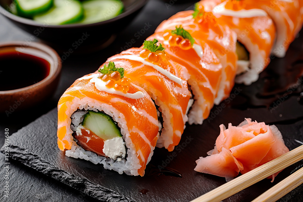 Philadelphia rolls with salmon and cucumber on a black slate plate. Japanese food Philadelphia rolls with salmon and cucumber on a black slate plate. Japanese food