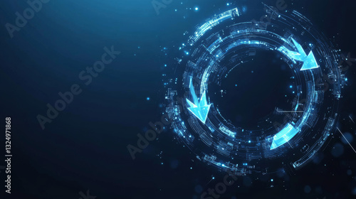 Abstract two arrows go around on a dark blue background. Digital exchange and money transfer concept. Low poly wireframe vector illustration in futuristic hologram style. Polygonal recycle symbol.