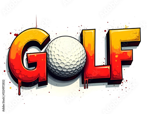golf text with ball, retro colorful golf ball word banner poster, Retro golf lettering design with ball, graffiti style sport text design, Pop art golf wording on red background art