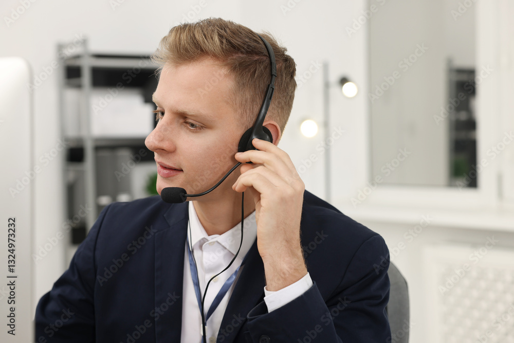 Technical support call center. Operator working in office Technical support call center. Operator working in office