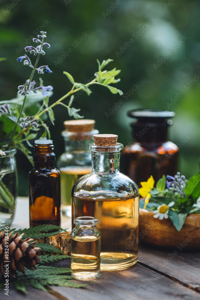 Bottles of tincture or potion, organic essential oils, dry healthy herbs, floral extracts on wooden table. Pure natural ingredients for cosmetic production. Concept of alternative herbal medicine Bottles of tincture or potion, organic essential oils, dry healthy herbs, floral extracts on wooden table. Pure natural ingredients for cosmetic production. Concept of alternative herbal medicine
