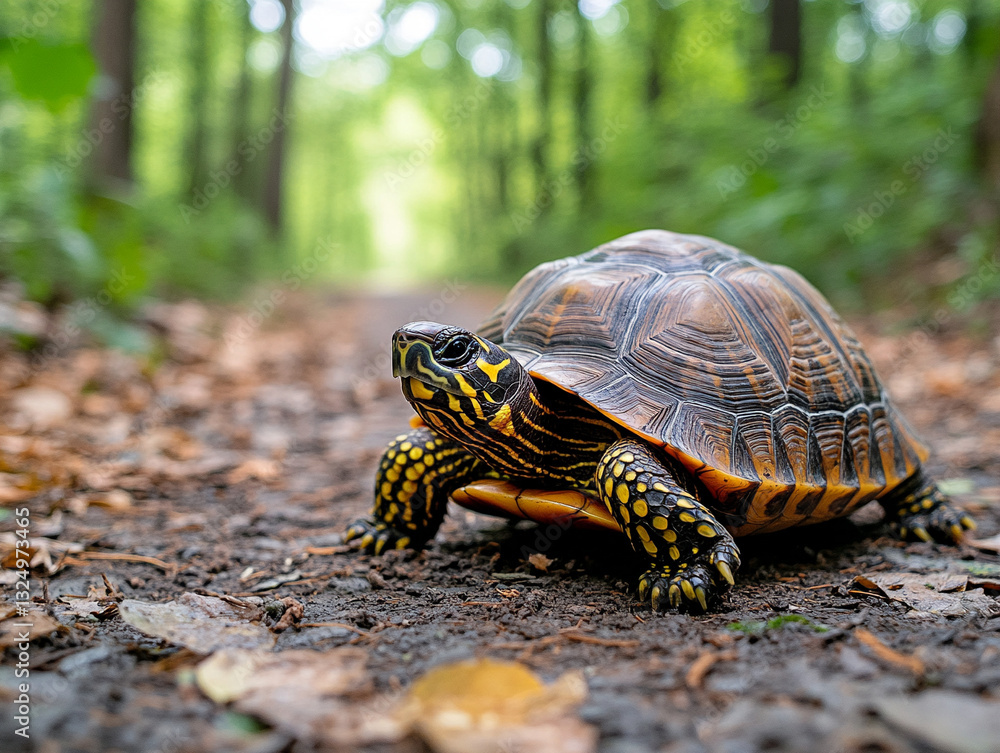 Obraz premium Turtle walking along forest path in vibrant greenery