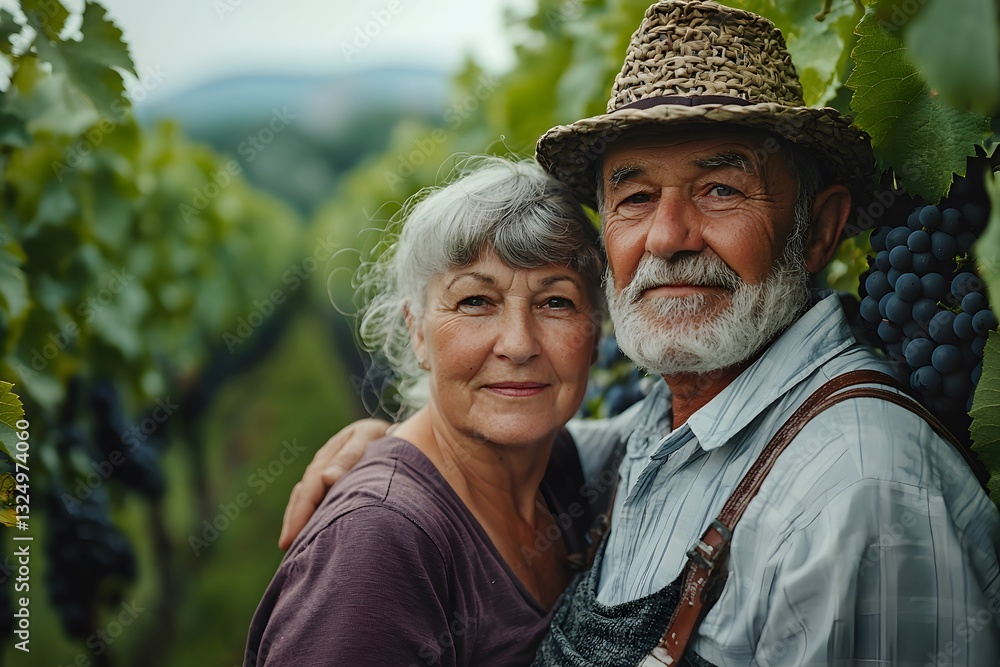Elderly couple enjoying their time tending to vineyard rows in autumn. light Generative AI Elderly couple enjoying their time tending to vineyard rows in autumn. light Generative AI