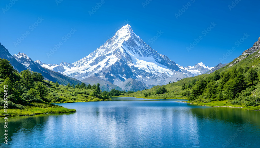 Majestic mountain peak overlooking a serene lake. Lush green valleys and pristine snow-capped summit Majestic mountain peak overlooking a serene lake. Lush green valleys and pristine snow-capped summit