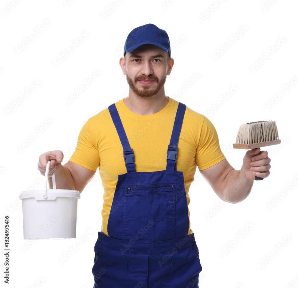 Professional painter with brush and bucket of paint on white background Professional painter with brush and bucket of paint on white background