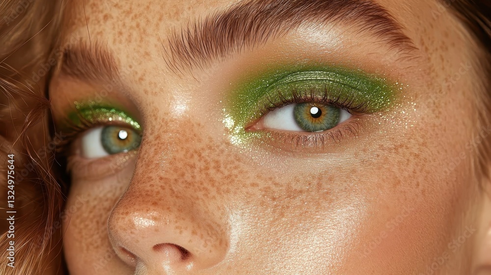 Close up portrait revealing freckled skin complemented by vivid green eyeshadow, showcasing modern makeup artistry with bold, expressive eye color techniques Close up portrait revealing freckled skin complemented by vivid green eyeshadow, showcasing modern makeup artistry with bold, expressive eye color techniques