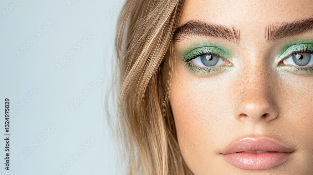 Fototapeta premium Professional model wearing vibrant green eyeshadow, accentuating facial features and natural freckles in striking beauty closeup