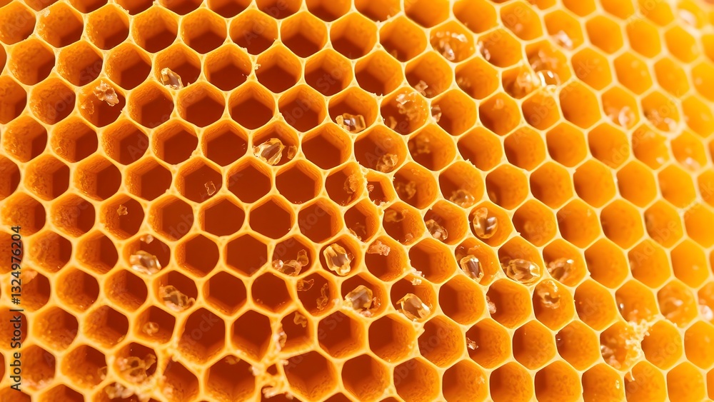 Close-up view of a honeycomb showcasing its intricate hexagonal structure and golden texture. Close-up view of a honeycomb showcasing its intricate hexagonal structure and golden texture.