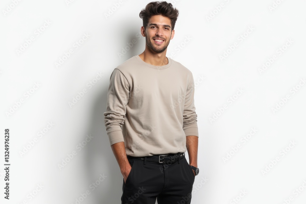 Half-Length (Waist-Up) portrait of young stylish smiling Italian male model in emo wear isolated on pure white background looking at camera Half-Length (Waist-Up) portrait of young stylish smiling Italian male model in emo wear isolated on pure white background looking at camera
