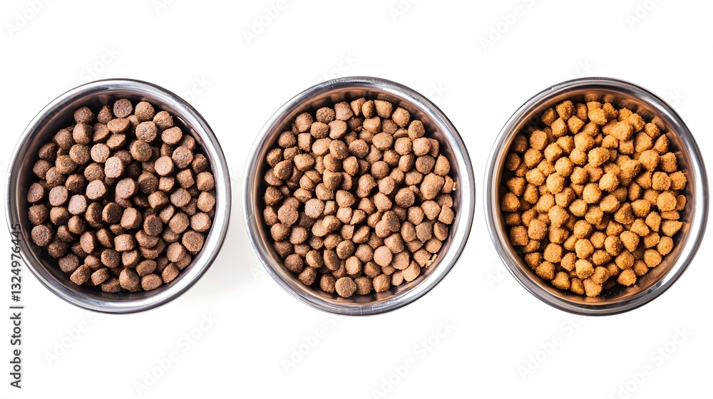 Three Bowls of Dry Dog Food Isolated on White Background Three Bowls of Dry Dog Food Isolated on White Background