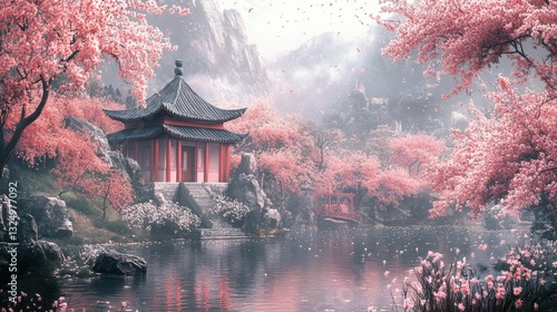 Fototapeta Naklejka Na Ścianę i Meble -  Beautiful cherry blossom flower and vintage building in Spring.