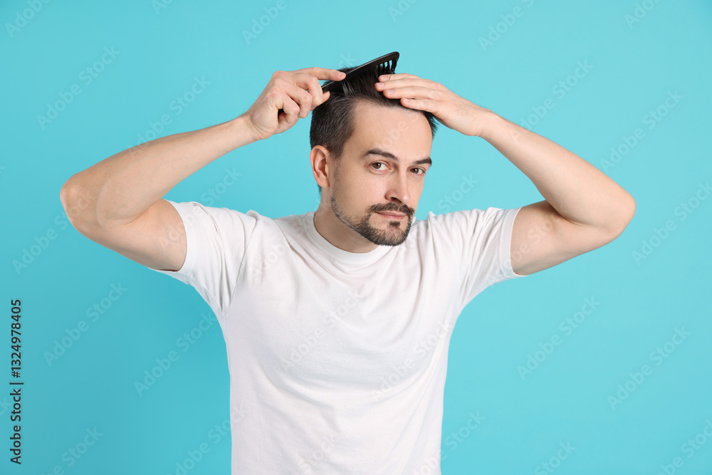 Fototapeta premium Handsome man stylish his hair with comb on light blue background