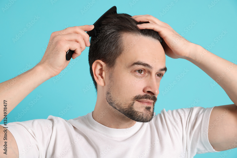 Handsome man stylish his hair with comb on light blue background Handsome man stylish his hair with comb on light blue background