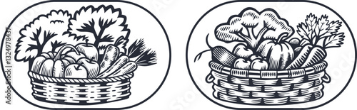 set of Basket with vegetables farm organic healthy food  vector illustration, engraving sketch ink poster black illustration etching style tattoo, Woodcut clean line Food, Basket, Farm, Vegetables 