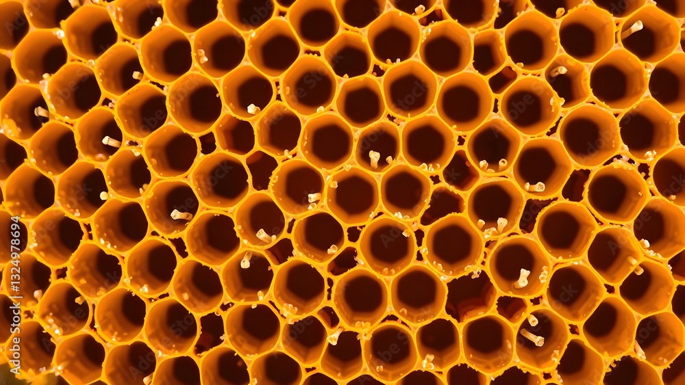 Close-up of a honeycomb structure showcasing the intricate hexagonal pattern created by bees in their colony. Close-up of a honeycomb structure showcasing the intricate hexagonal pattern created by bees in their colony.