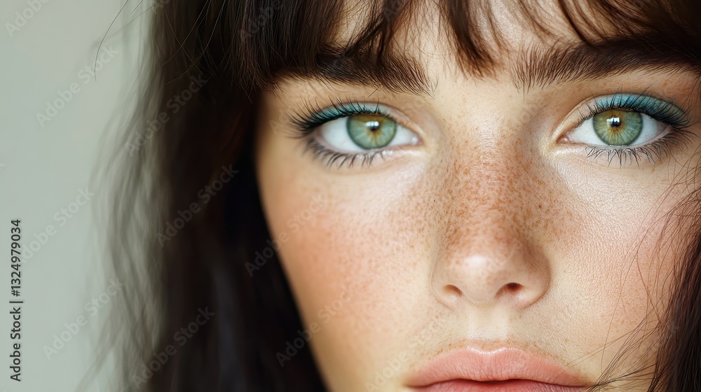 Flawless complexion framing vibrant green eyes, soft makeup accentuating natural beauty, revealing youthful elegance and self assured charm Flawless complexion framing vibrant green eyes, soft makeup accentuating natural beauty, revealing youthful elegance and self assured charm