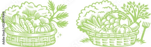 set of green color Basket with vegetables farm organic healthy food  vector illustration, engraving sketch ink poster black illustration etching style tattoo, Woodcut clean line 