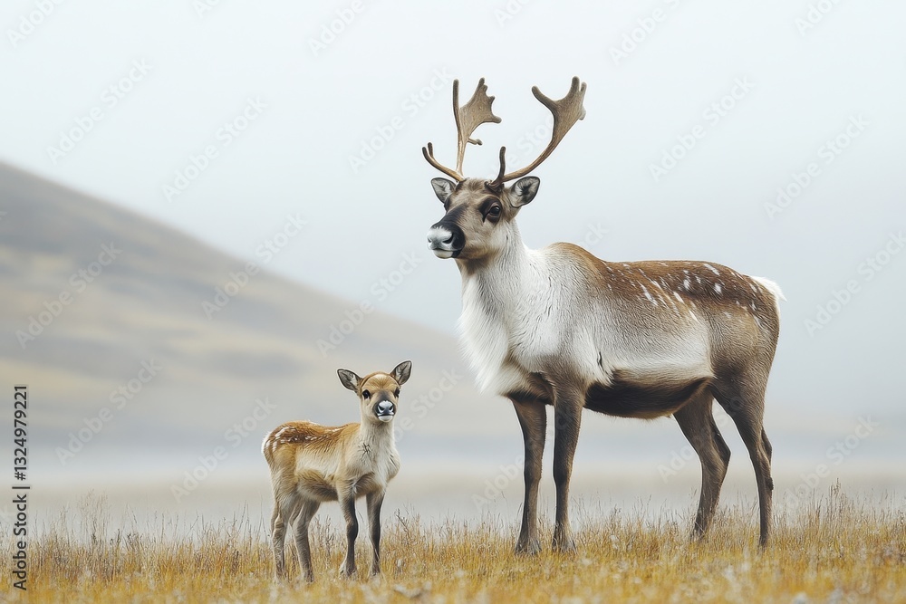 Reindeer mother and calf close together in a snowy landscape during winter, highlighting a tender moment in natures beauty Reindeer mother and calf close together in a snowy landscape during winter, highlighting a tender moment in natures beauty