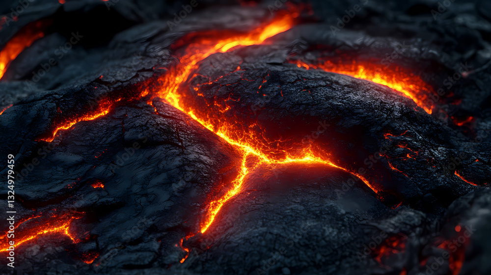 Close-up of glowing lava texture on black volcanic rock surface. Volcanic Glow. Illustration Close-up of glowing lava texture on black volcanic rock surface. Volcanic Glow. Illustration