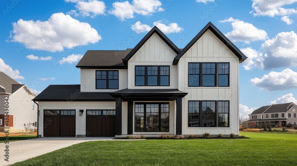 A contemporary two-story farmhouse with off-white exterior paint and dark walnut window frames