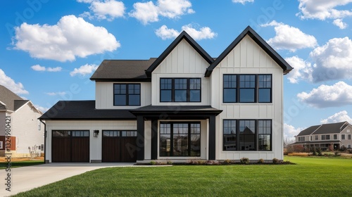 Obraz na płótnie A contemporary two-story farmhouse with off-white exterior paint and dark walnut window frames w salonie