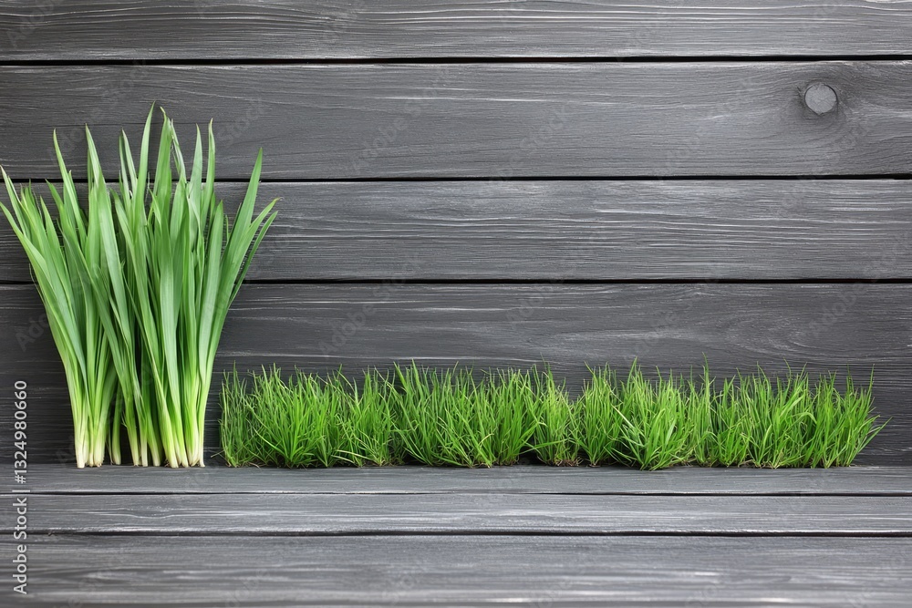 Fresh green grass bunches on dark wooden planks Fresh green grass bunches on dark wooden planks
