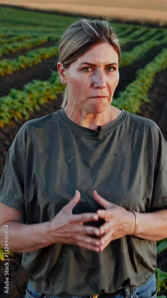 Female farmer standing in a field of crops during golden hour, speaking confidently with her hands clasped together. Female farmer standing in a field of crops during golden hour, speaking confidently with her hands clasped together.