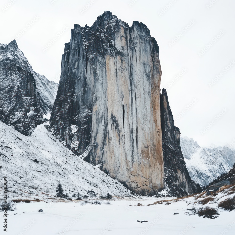 A dramatic tall rock formation towers over a snowy landscape