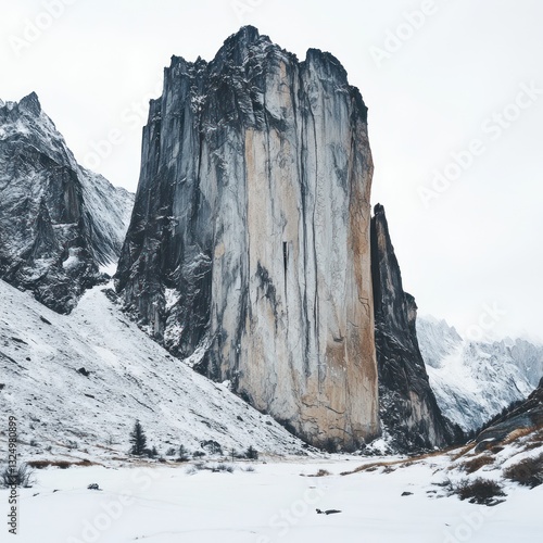 Obraz na płótnie A dramatic tall rock formation towers over a snowy landscape w salonie