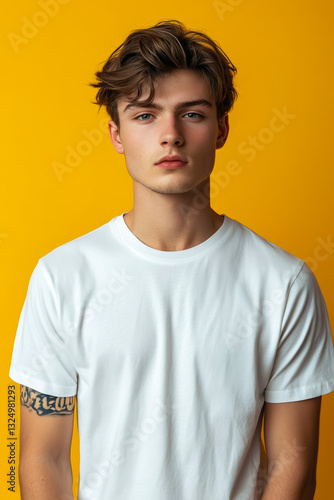 A young man wearing a white t-shirt standing in front of a yellow background