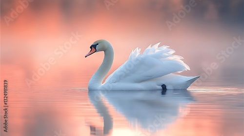 Fototapeta Naklejka Na Ścianę i Meble -  Graceful swan floating peacefully on pink lake high resolution image