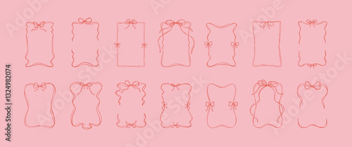 Rectangle ribbon bow frame set. Vintage vector illustration. Hand drawn aesthetic vertical border. Christmas, Valentines day, birthday, menu, bachelorette party design line art elements