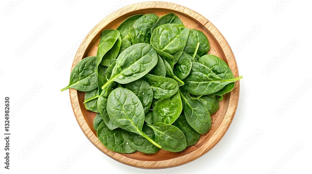 Fresh spinach leaves on wooden plate Fresh spinach leaves on wooden plate