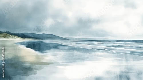 A watercolor painting of the ocean beach under cloudy skies