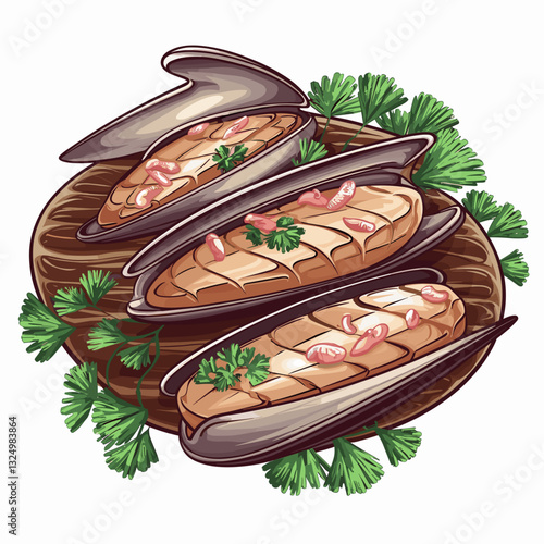 Illustrated Grilled Razor Clams with Garlic and Herbs