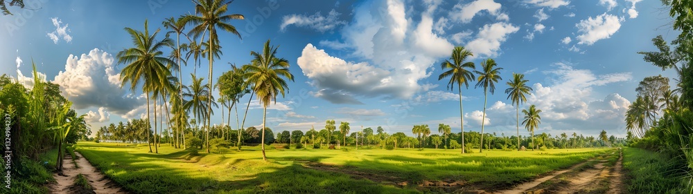 tropical coconut grove with lush green canopy tropical coconut grove with lush green canopy