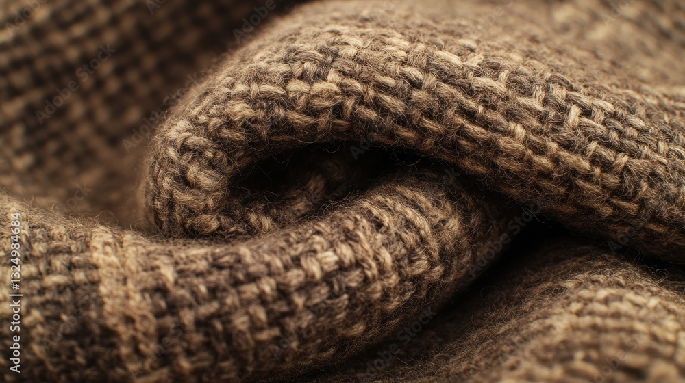 Fototapeta premium Folded brown woven textile, detailed macro shot, neutral background, soft lighting