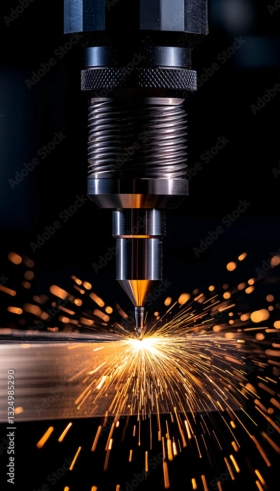 Precision metal cutting process. High-speed laser cutting sparks Precision metal cutting process. High-speed laser cutting sparks
