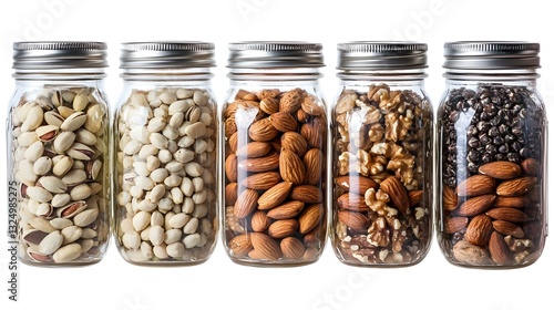 A variety of nuts in a mason jar on a white