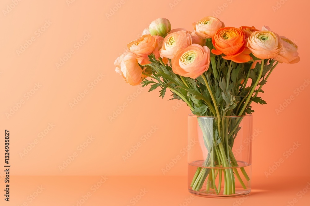 Obraz premium ranunculuses bouquet in a glass vase on an orange solid color background